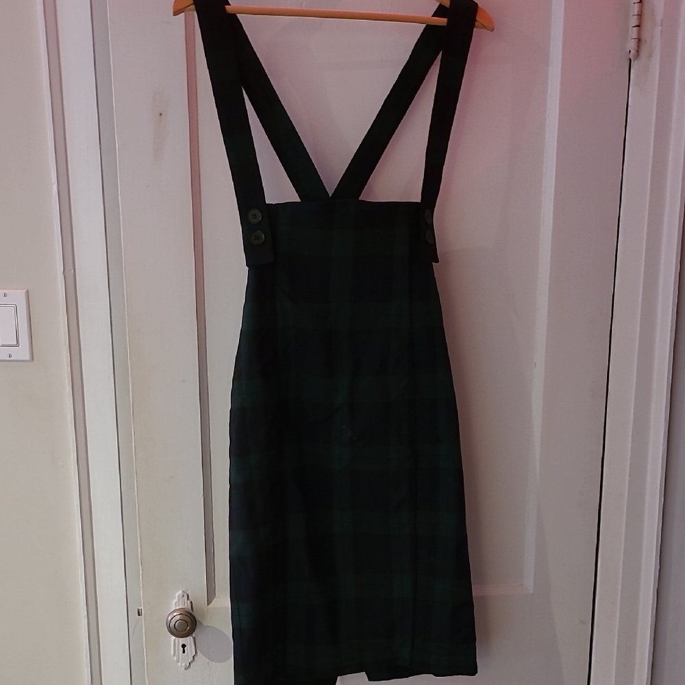 NWT Hell Bunny Green Plaid Pinafore (Overall) Dress/Pencil Skirt, size M/UK12